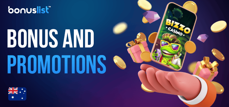 A person is holding a mobile phone with the Bizzo Casino app, gift boxes and different gaming items for different bonuses and promotions