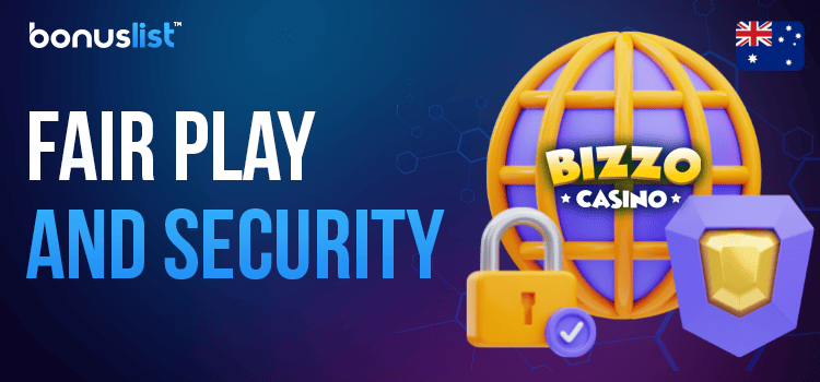 Bizzo Casino logo on a globe, security and a lock sign for fair play and security