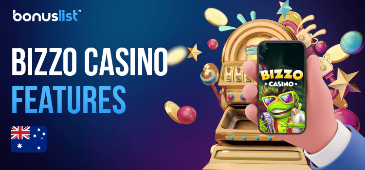 A person is holding a mobile phone with the Bizzo Casino app, a slot machine and different gaming items for the casino's highlights