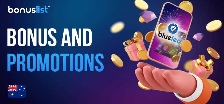 A person is holding a mobile phone with the Blue Leo Casino app, gift boxes and different gaming items for different bonuses and promotions