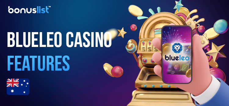 A person is holding a mobile phone with the Blue Leo Casino app, a slot machine and different gaming items for the casino's highlights