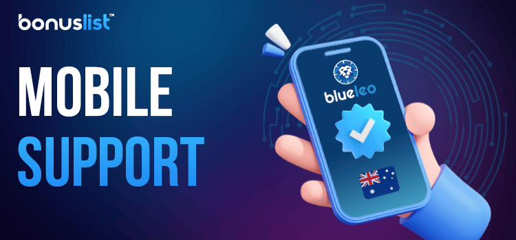 A person is holding a mobile phone with the Blue Leo Casino mobile app