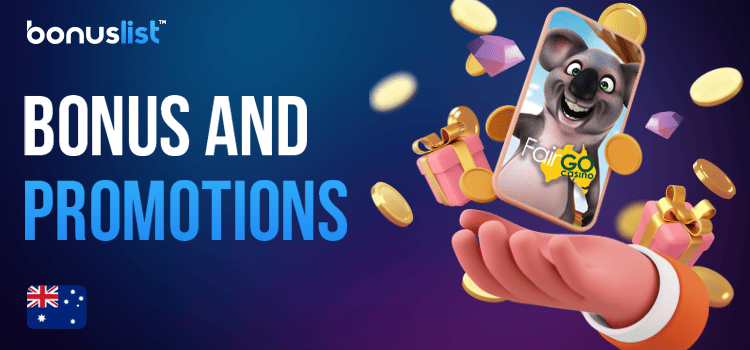 A mobile phone is floating on a hand with a FairGo casino logo, gift boxes, gold coins and diamonds for different kinds of Bonuses in FairGo Casino