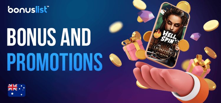 A person is holding a mobile phone with the Hell Spin Casino app, gift boxes and different gaming items for different bonuses and promotions
