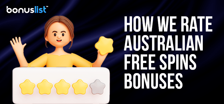 A person is holding a review Star shows how we rate Australian free spins casino bonuses
