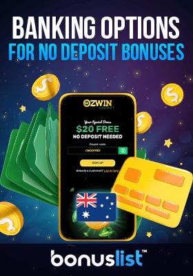 A mobile showing the Ozwin webpage working correctly and redeeming a no deposit bonus, while having a credit card cash and coins around it