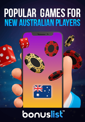 Different casino gaming items are floating and a hand is holding a mobile phone for the popular games for new Australian players
