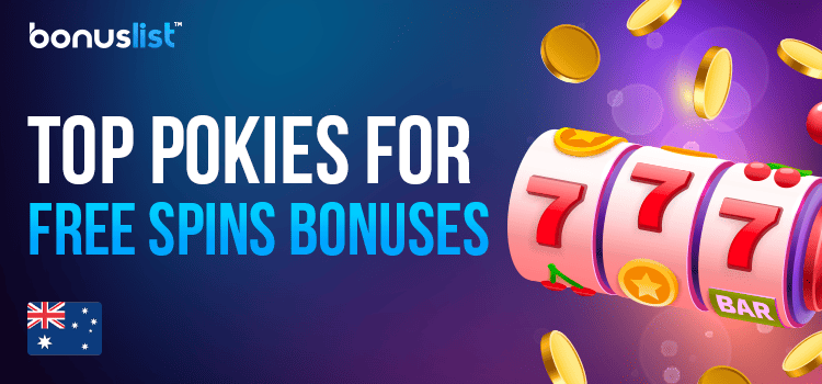 A golden casino reel with a few gold coins for the top pokies for free spins bonuses