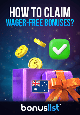 Some gold coins are overflowing from a gift box with a check mark explains how to claim wager-free bonuses