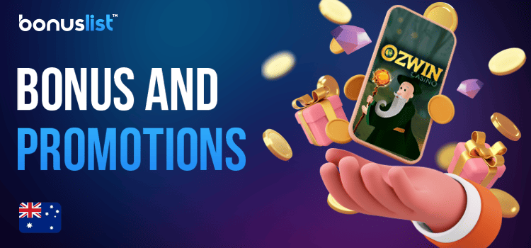 A person is holding a mobile phone with the Ozwin Casino app, gift boxes and different gaming items for different bonuses and promotions