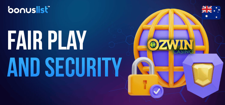 Ozwin Casino logo on a globe, security and a lock sign for fair play and security