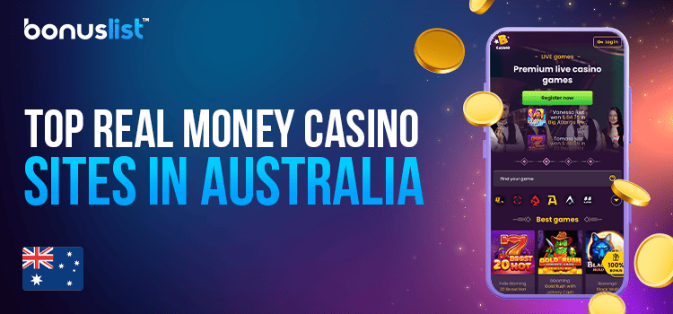 A real money site in a mobile phone and some gold coins for top real money casinos in Australia