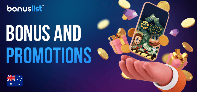 A person is holding a mobile phone with the Spin Oasis Casino app, gift boxes and different gaming items for different bonuses and promotions