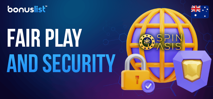 Spin Oasis Casino logo on a globe, security and a lock sign for fair play and security
