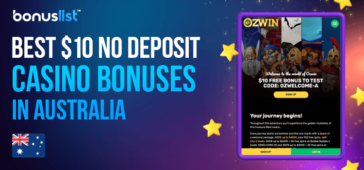 A casino welcome bonus page banner for the best best $10 no deposit casino bonuses in Australia